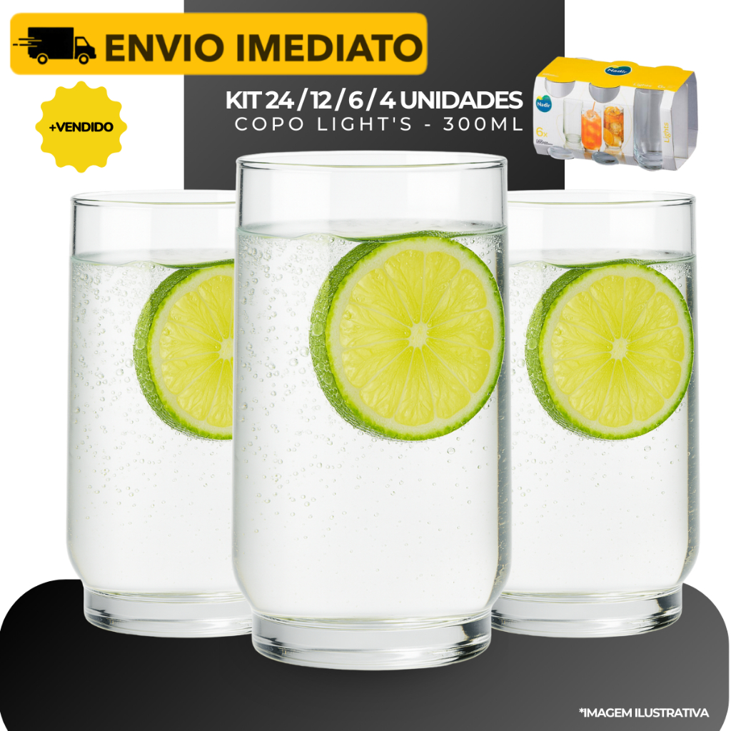 Kit Até 24 Copos Resistente 300ml Vidro Multiuso Light's - Nadir em Oferta na Shopee