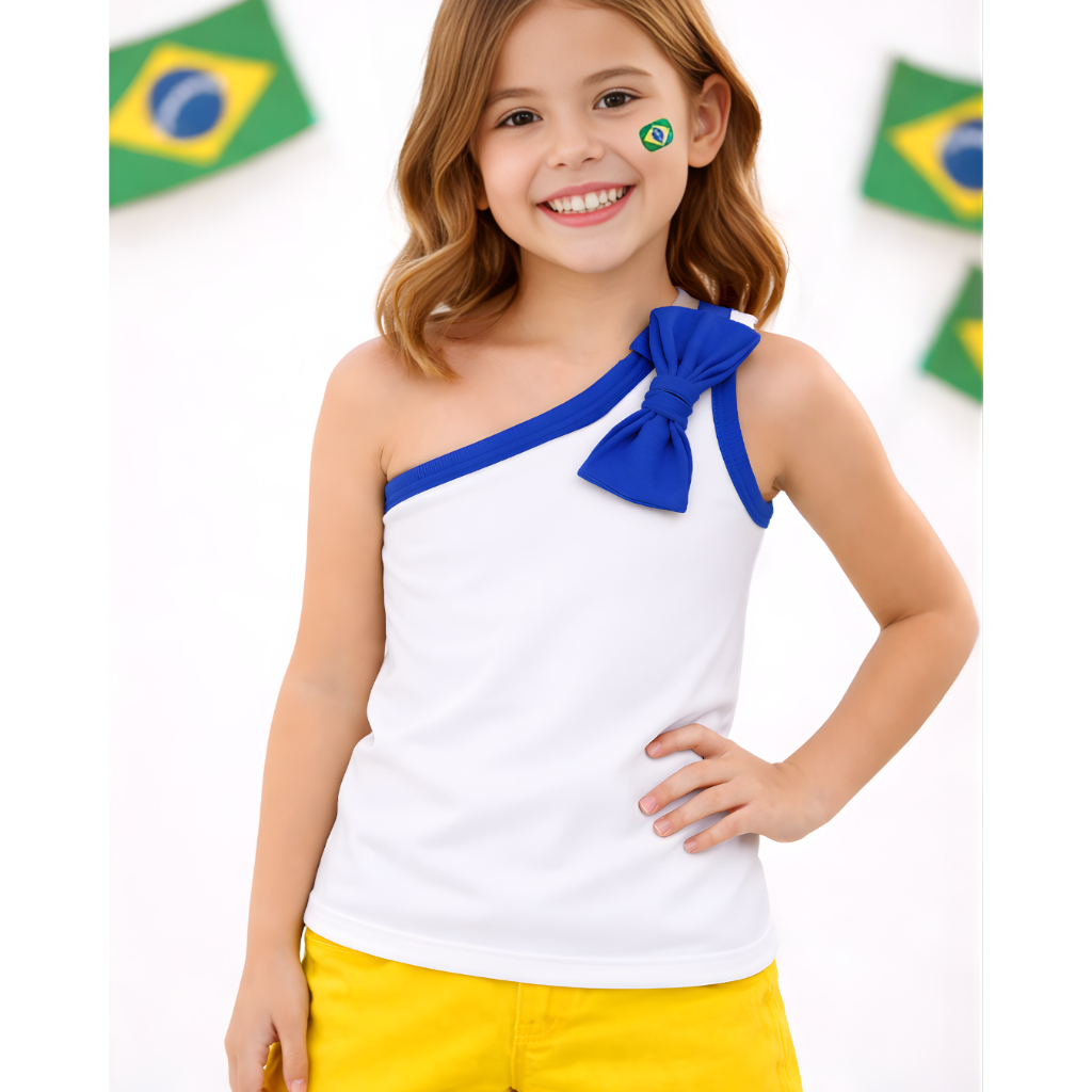 Blusa Regata Infantil Meninas 4 ao 12 Brasil Copa Menina – Blusa Um Ombro com Laço Cores do Brasil