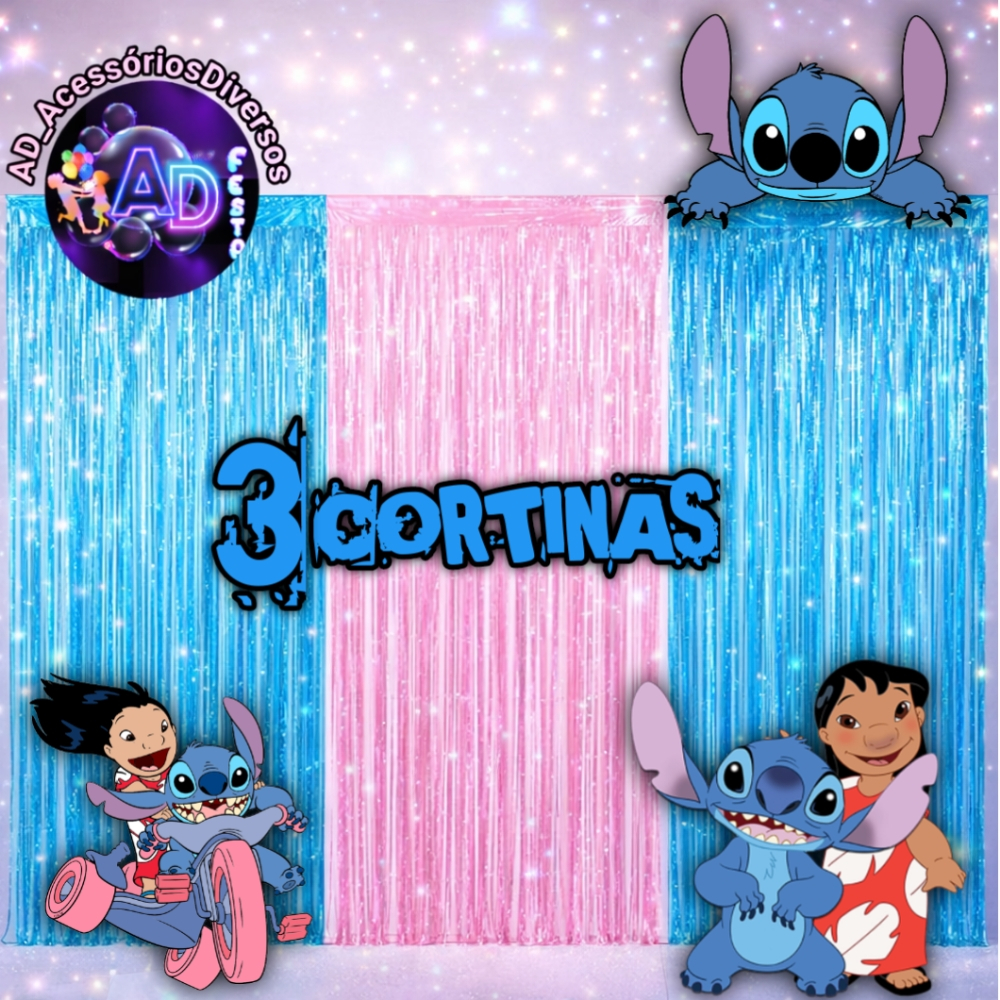 kit: 3 Cortina Metalizada , STITCH Decoração , Festa , Aniversário, Adereços , Banner , Festival, Comemoração