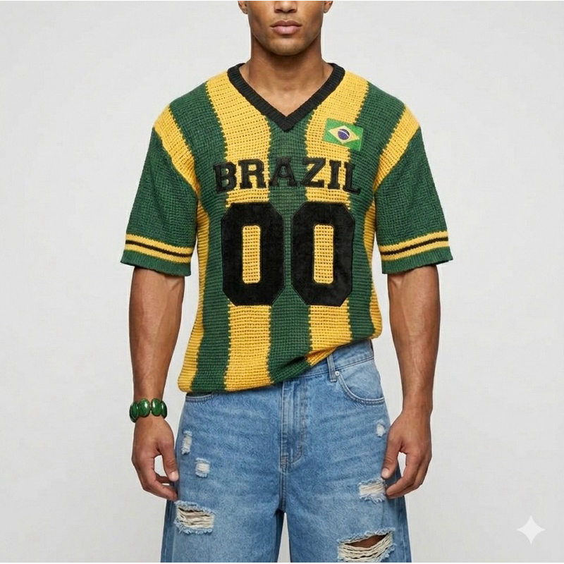 Blusa do Brasil Crochê Camisa Copa do Mundo Seleção Brasileira Bordada PP ao Plus Size Verde Amarelo
