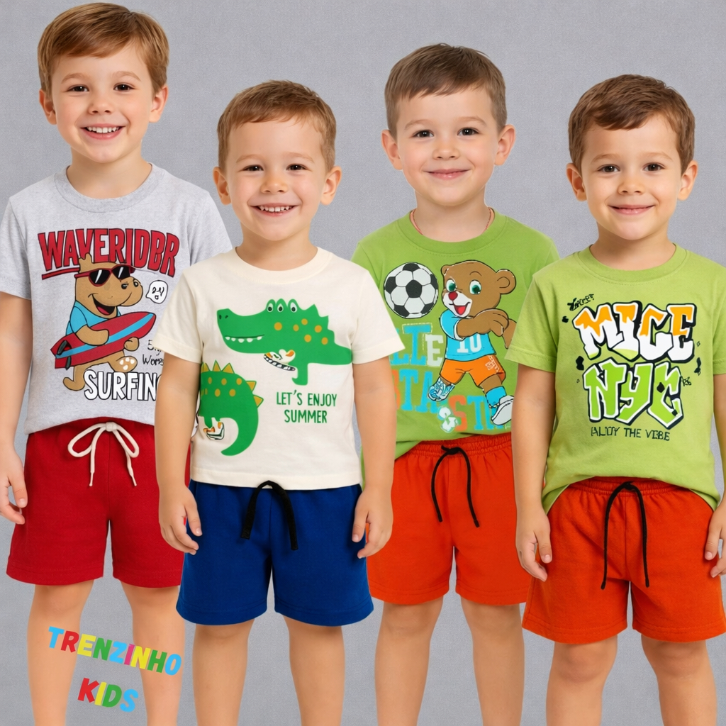 Kit 2 Conjuntos Infantil Masculino - 1 a 3 Anos Confortável - 4 Peças Sortidas