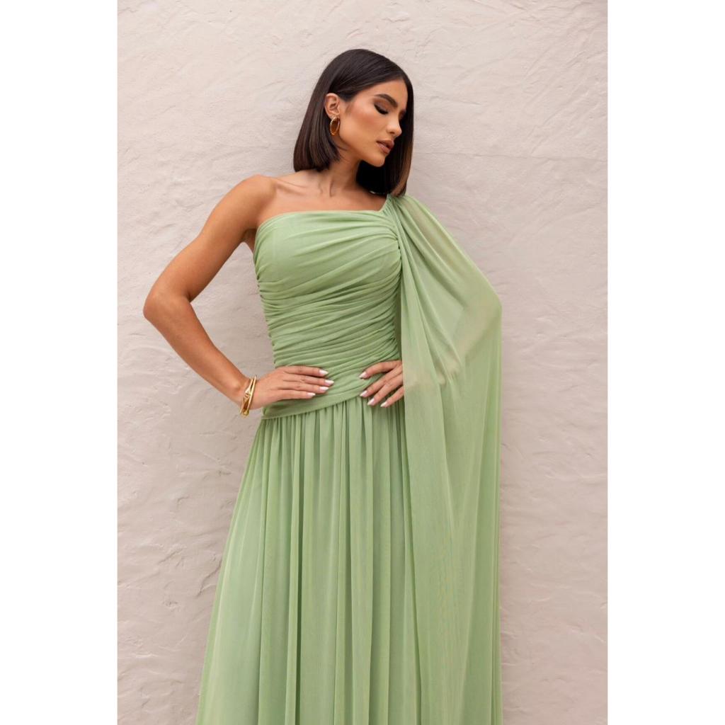 Vestido de Festa em Microtule Plissado no corpo - Madrinha, Formanda e Convidada - Verde Menta