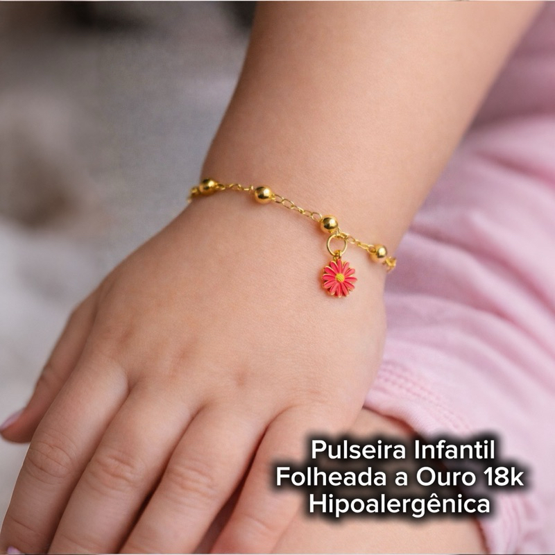 Pulseira Infantil Margaridinha Pink Resinada com Bolinhas Folheado a Ouro 18K