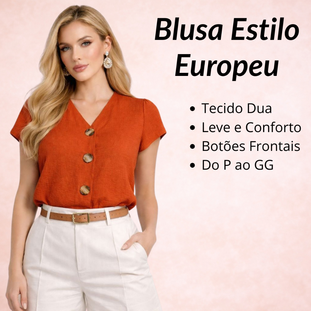 Blusa  Feminina Duna Lisa  Terracota Manga Curta Botões na Frente Estilo Europeu/Americana - Ideal para Passeios em Oferta na Shopee