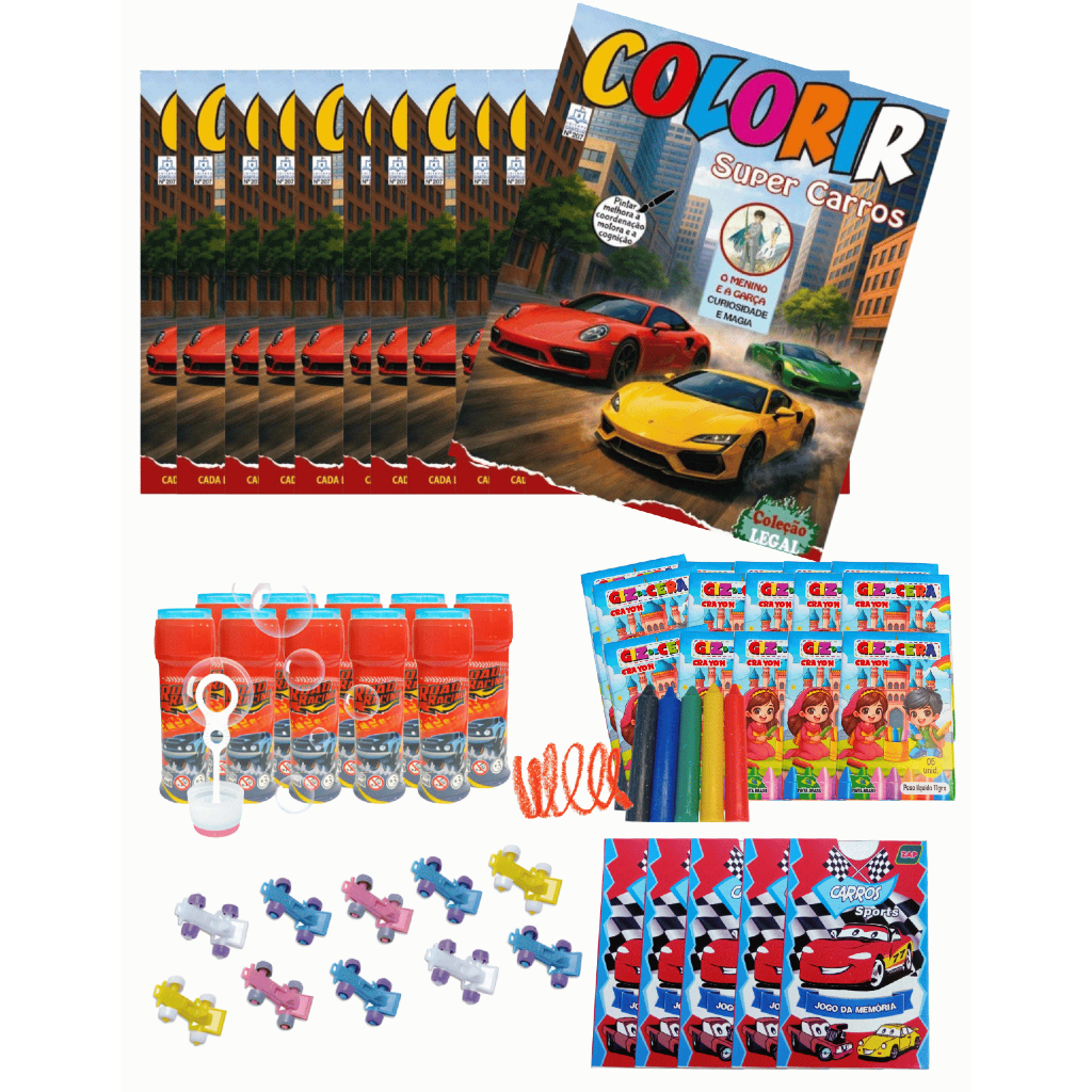 Kit 10 Bolhas sabão + 10 Livro Colorir + 10 Giz de Cera + 10 Brinquedos + 10 Jogo da Memória lembrancinhas de aniversari