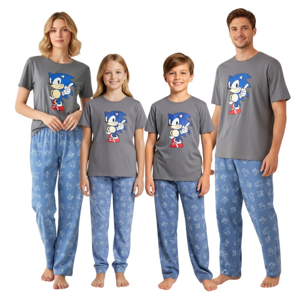 Kit Combinado Família Pijama Stitch e Sonic Meia Estação Manga Curta + Calça Malha PV Adulto e Infantil Promoção