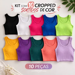 Kit 10 Cropped Regata, KIT CROPPED malha Canelada Feminina, Ribana