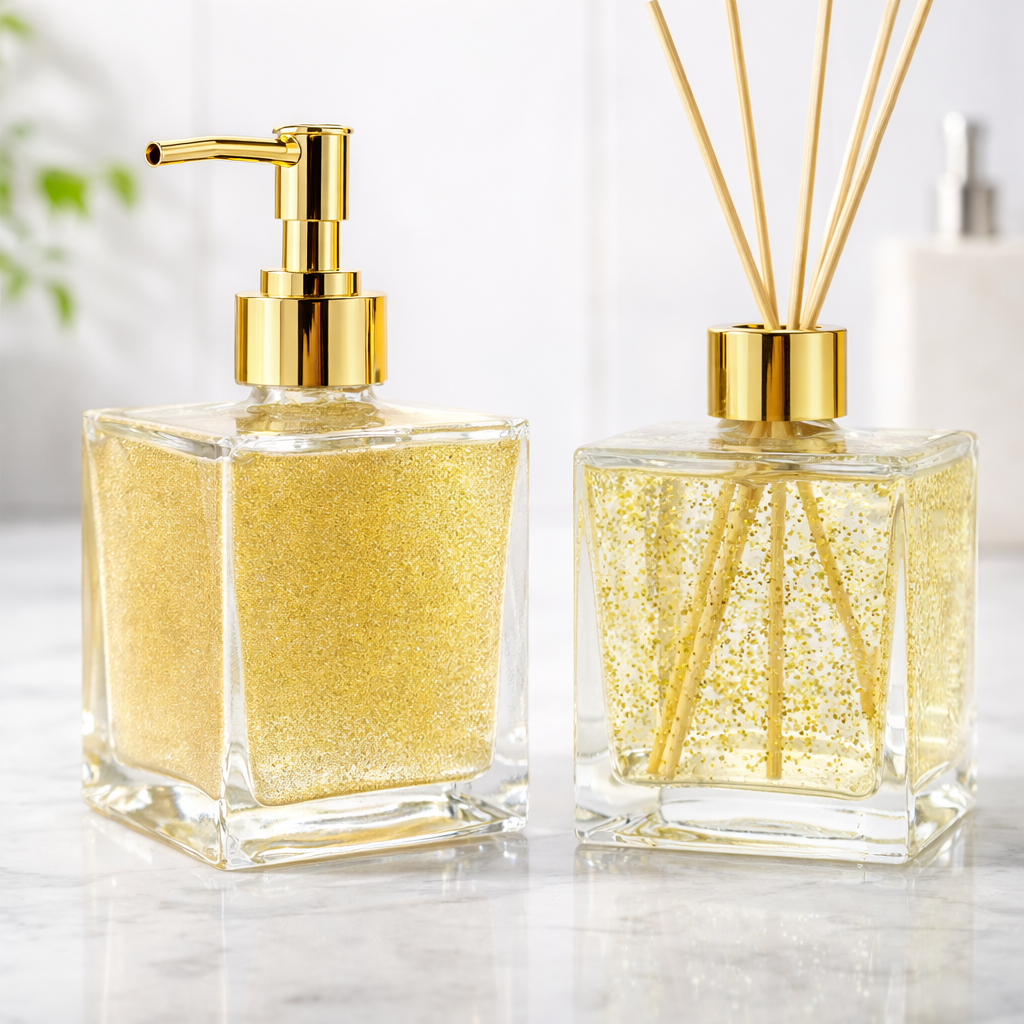 Kit Lavabo Banheiro Porta Sabonete Liquido e  Difusor em Vidro Cubo Transparente