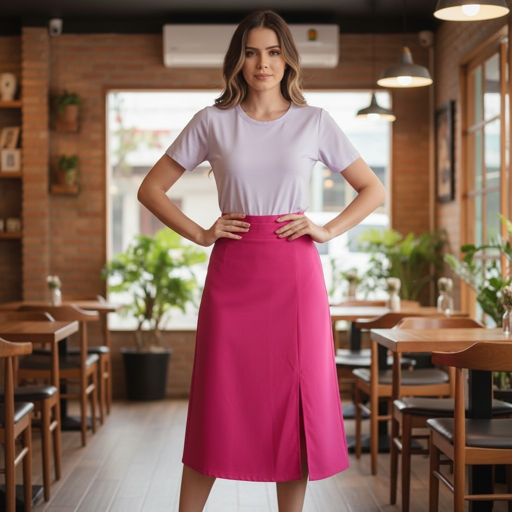 Saia Mídi Rosa Pink em Poliéster – Elegante e Vibrante