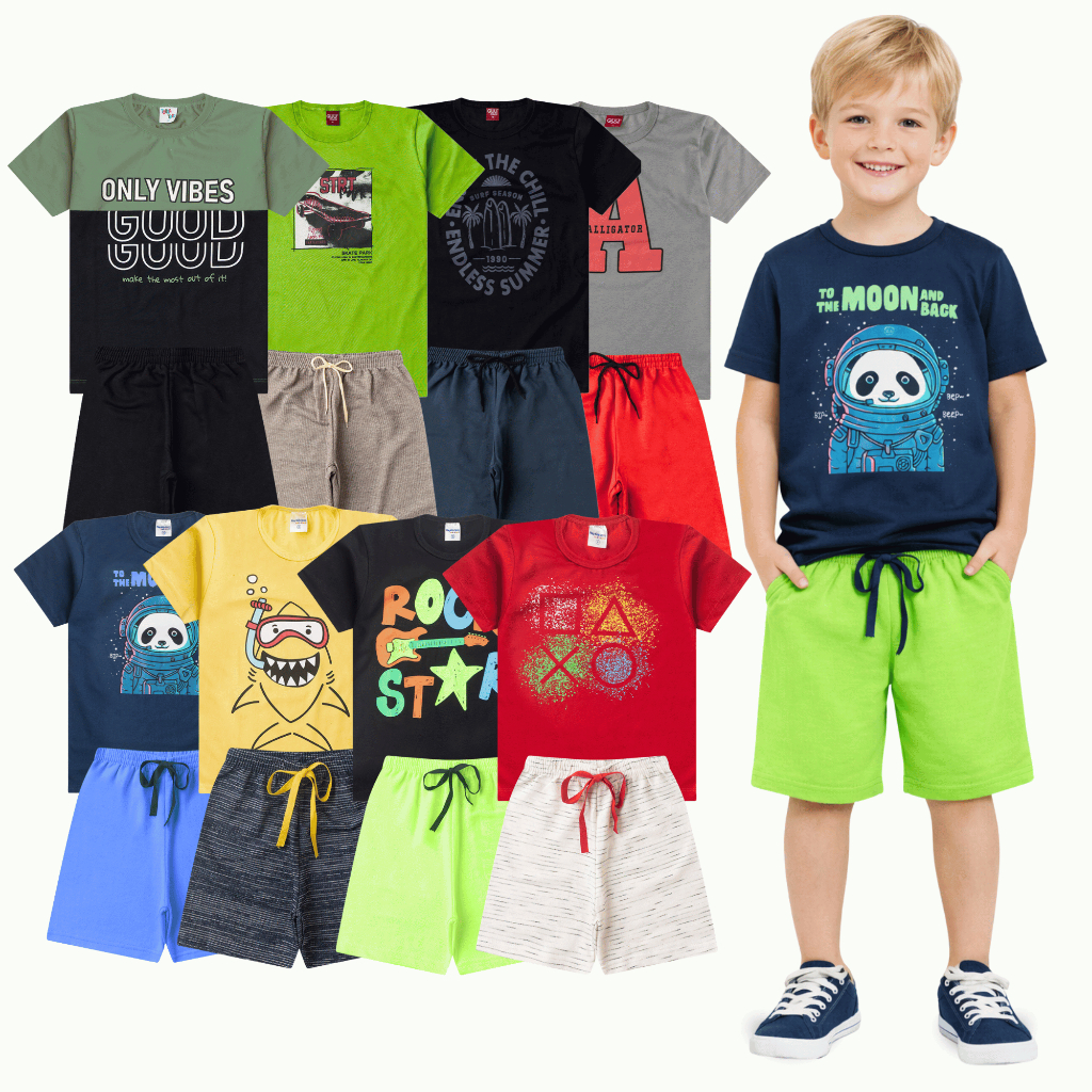 Kit 10 Peças Conjunto Infantil Menino Verão 1 ao 16 - 5 Conjuntos Confortáveis para o Dia a Dia em Oferta na Shopee
