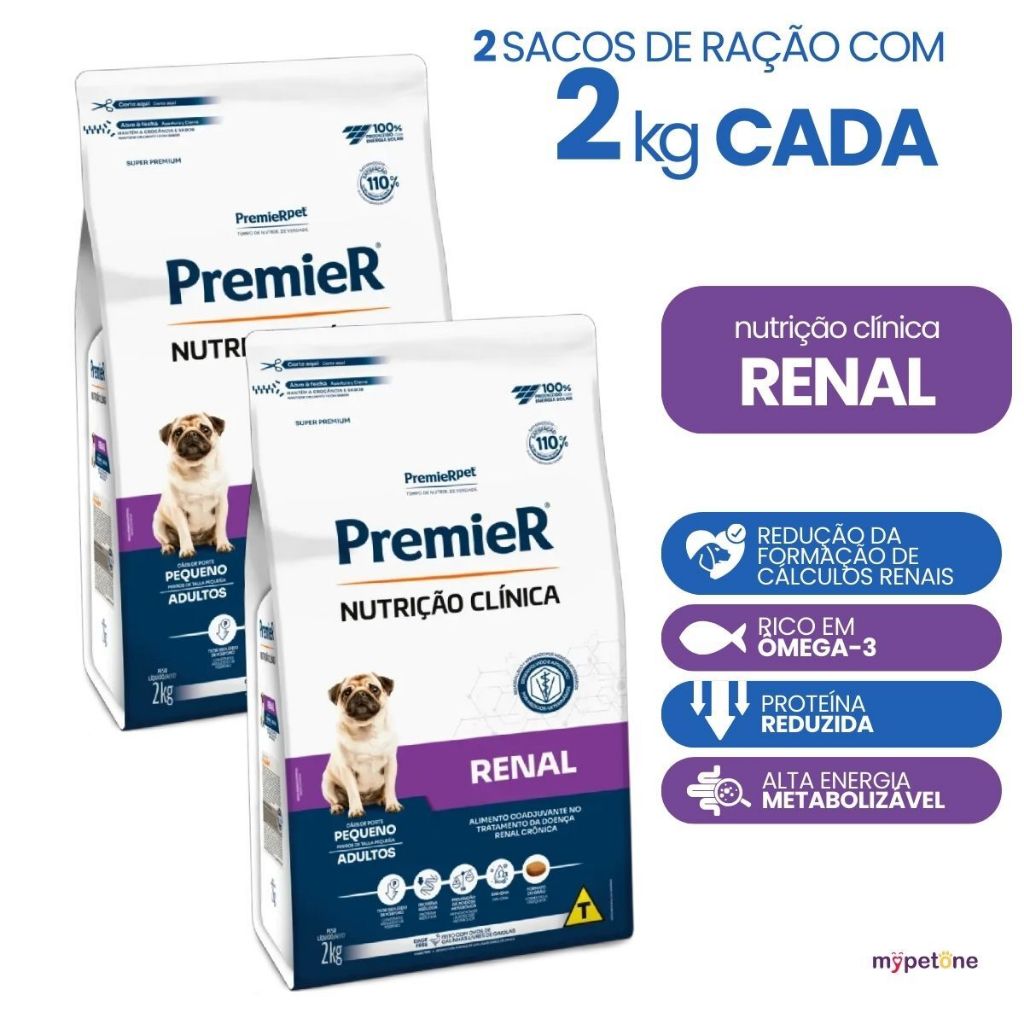 Kit 2 Premier Nutrição Clínica Renal Cães Adultos Pequenos 2kg