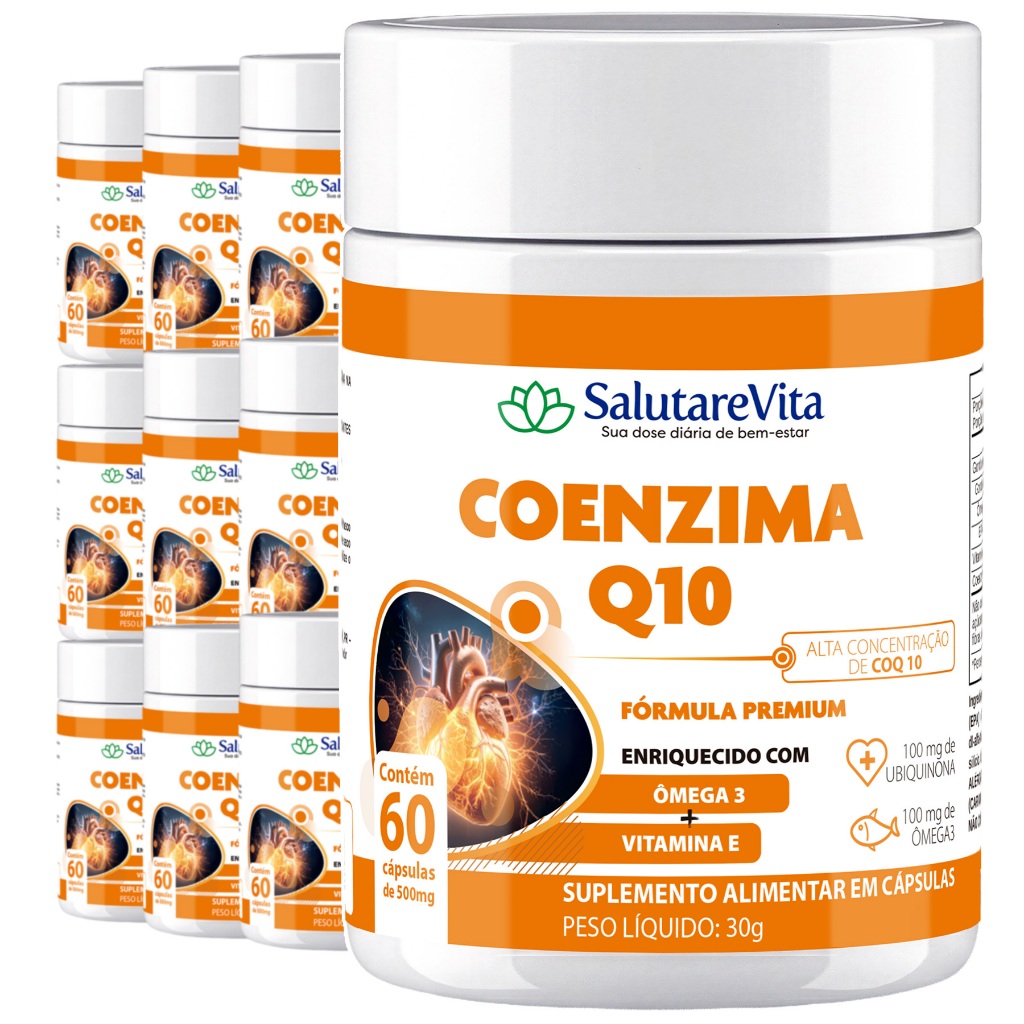 10x Coenzima Q10 100mg 30 doses Ubiquinona CoQ10 c/ Omega 3 + Vitamina E | 60 cápsulas