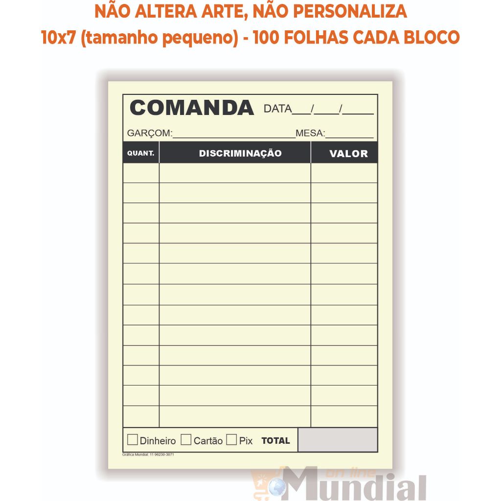 10 Blocos de Comanda 10x7 Padrão 100 folhas cada bloco Lanchonete Bar Restaurante Papelaria Anotação