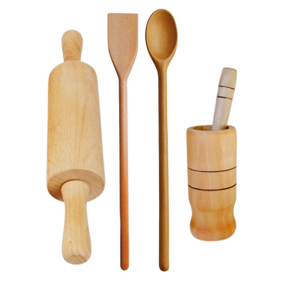 KIT CONJUNTO PARA COZINHA COLHER DE PAU, ROLO DE MASSA, PILÃO DE MADEIRA PARA COZINHA
