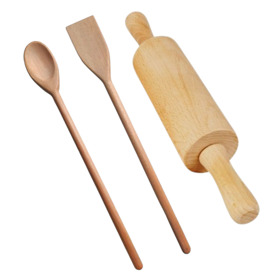 KIT CONJUNTO PARA COZINHA COLHER DE PAU E PÁ, ROLO DE MASSA, PARA COZINHA PREMIUM