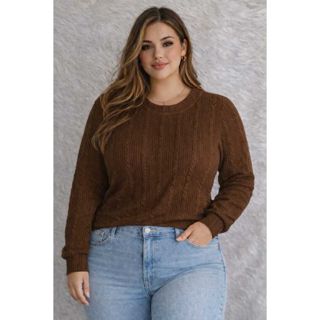 Blusa Feminina Plus Size Manga Longa Casual