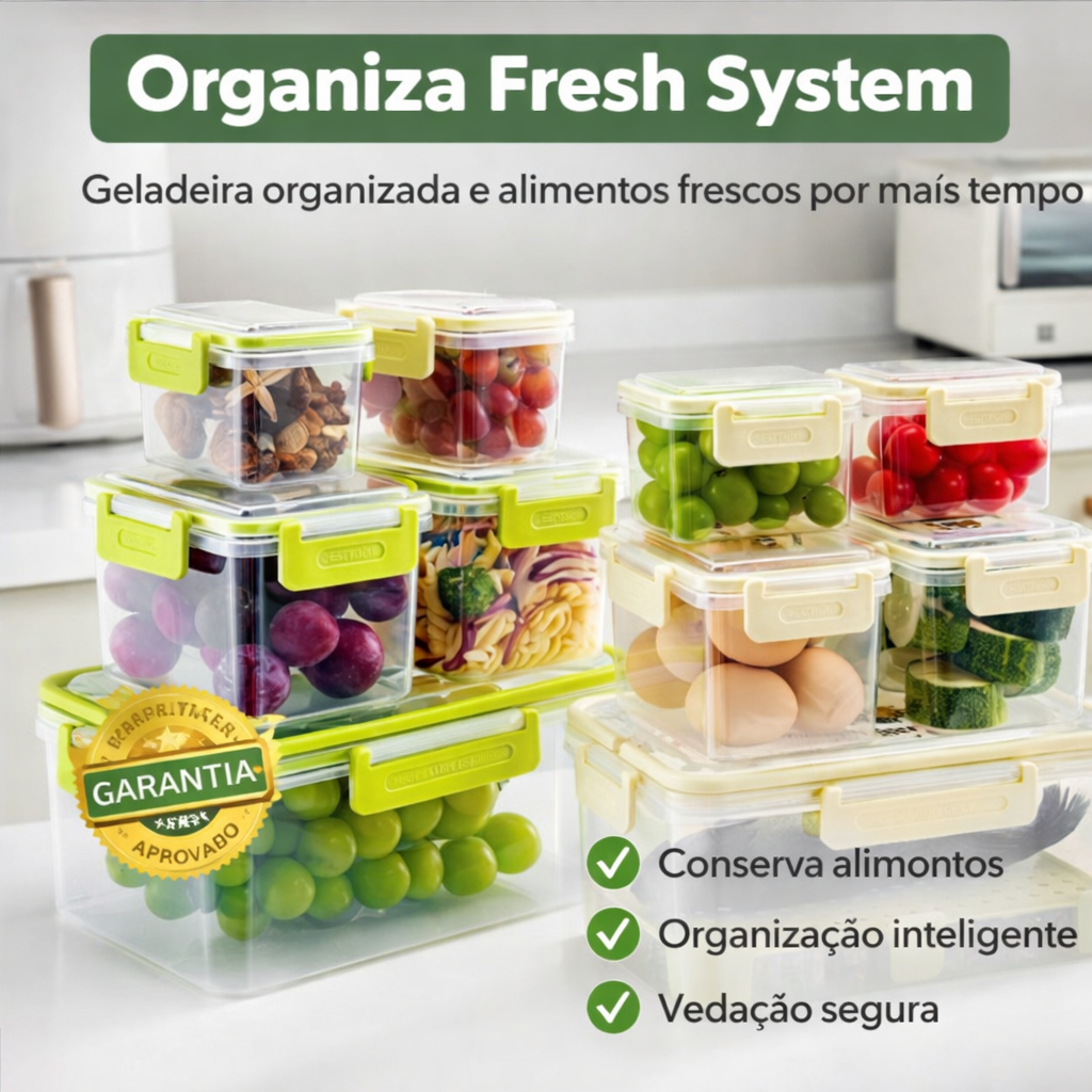 Kit 5 Potes Herméticos Organizador de Geladeira com Cesto Dreno Conserva Frutas e Legumes