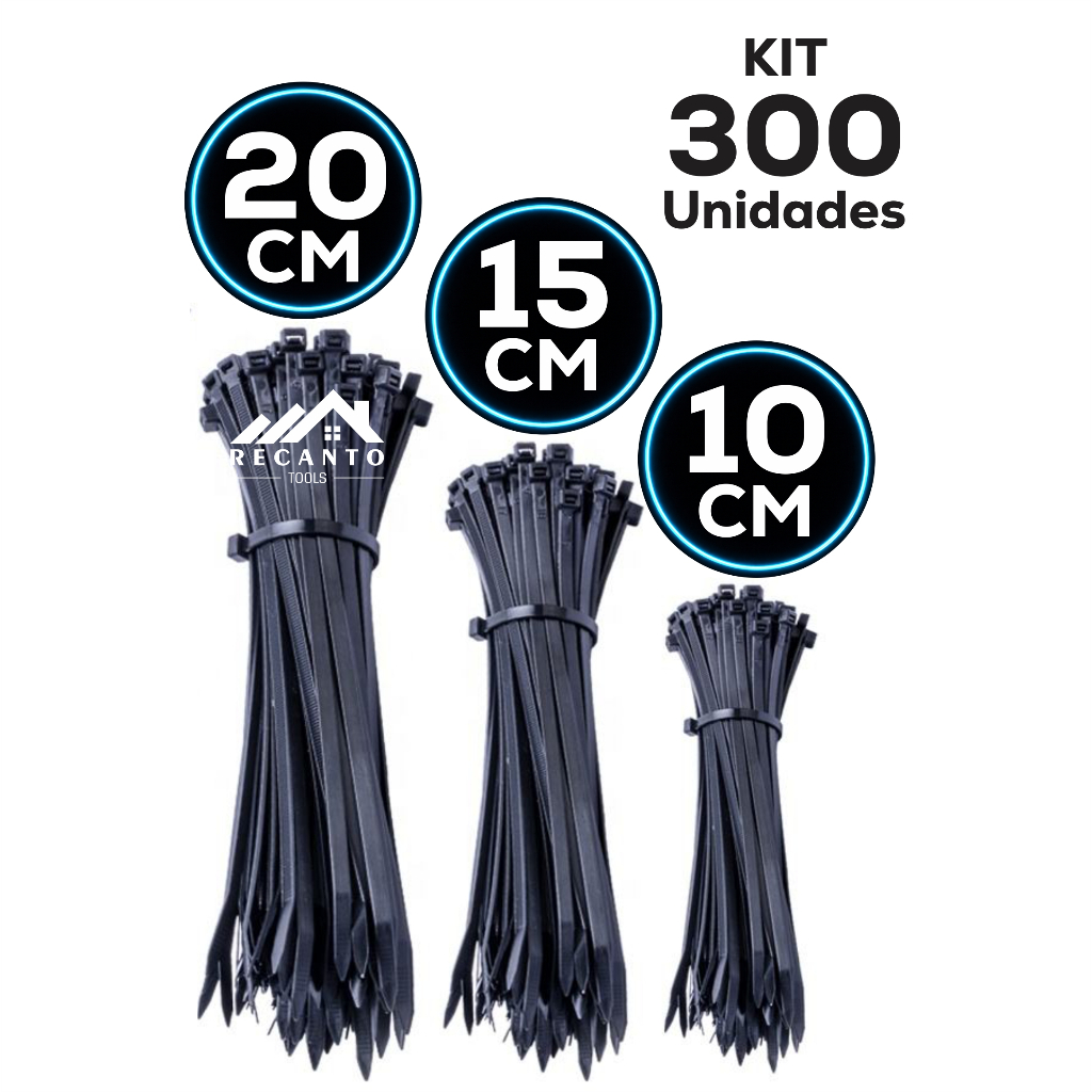 Kit 300 Abraçadeiras de Nylon 10cm • 15cm • 20cm ou 25cm Enforca Gato Cintas Plásticas – Preta | Branca