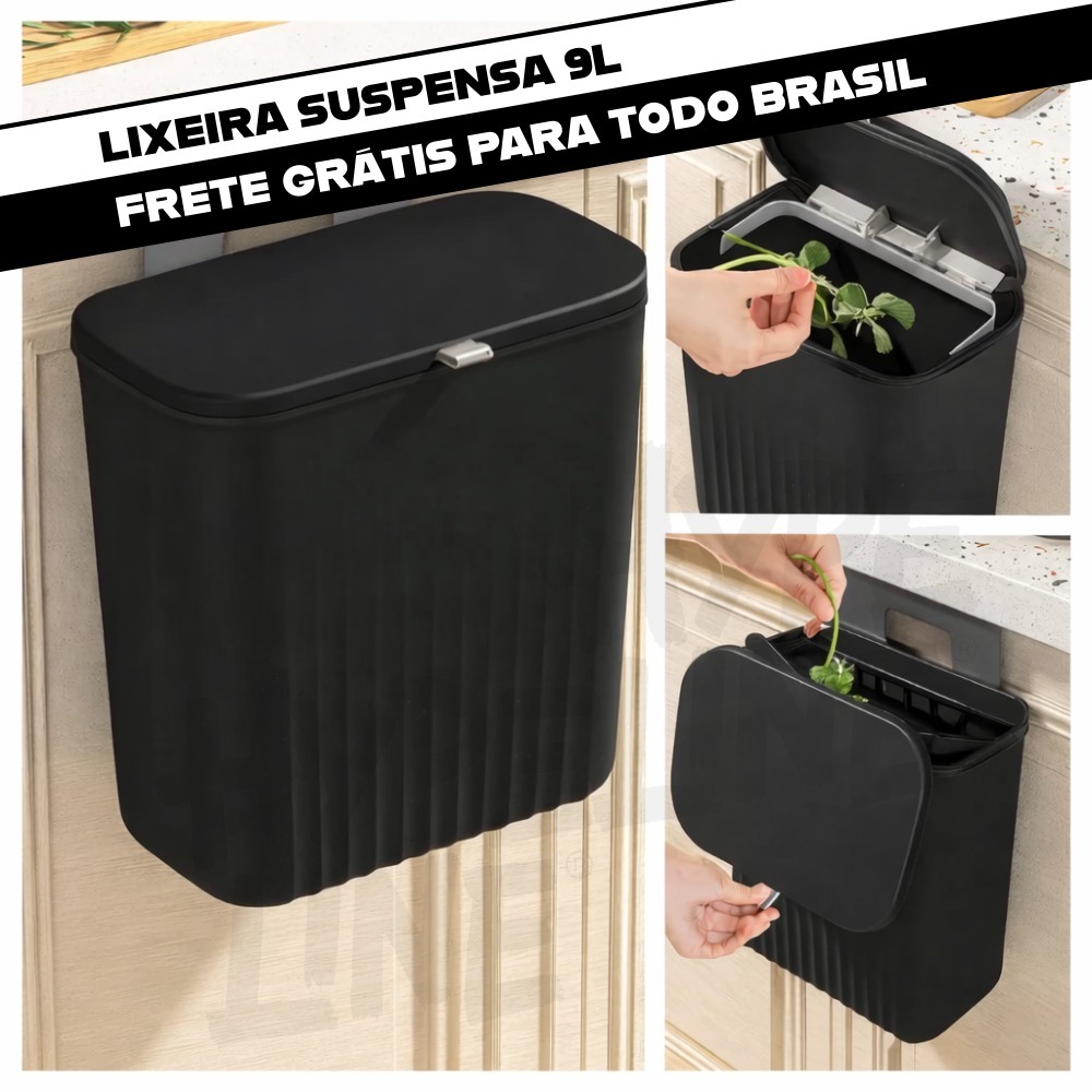 Lixeira Suspensa 9L Cozinha Multiuso Porta Armário Com Tampa Suporte Adesivo Compacta