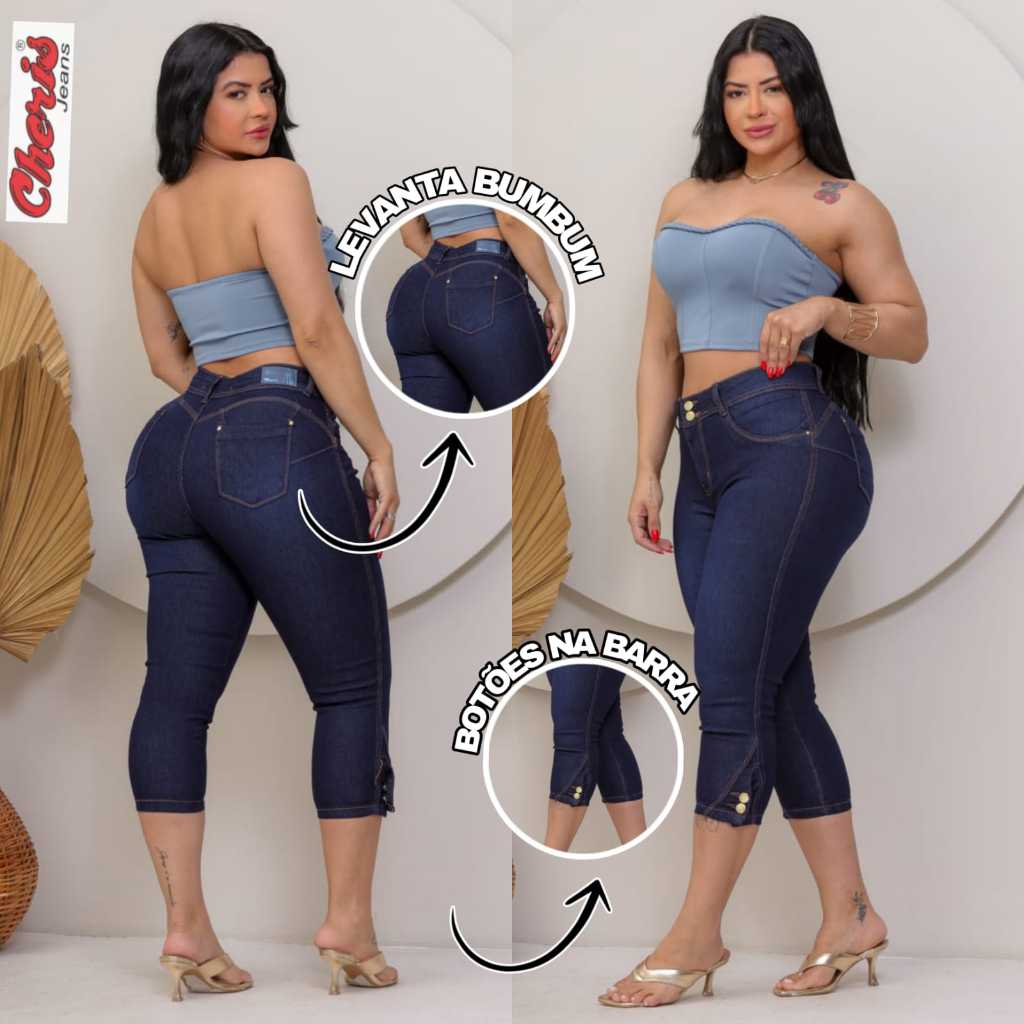 Calça Jeans Feminina Capri Botão na Barra Cintura Alta Com Lycra em Oferta na Shopee