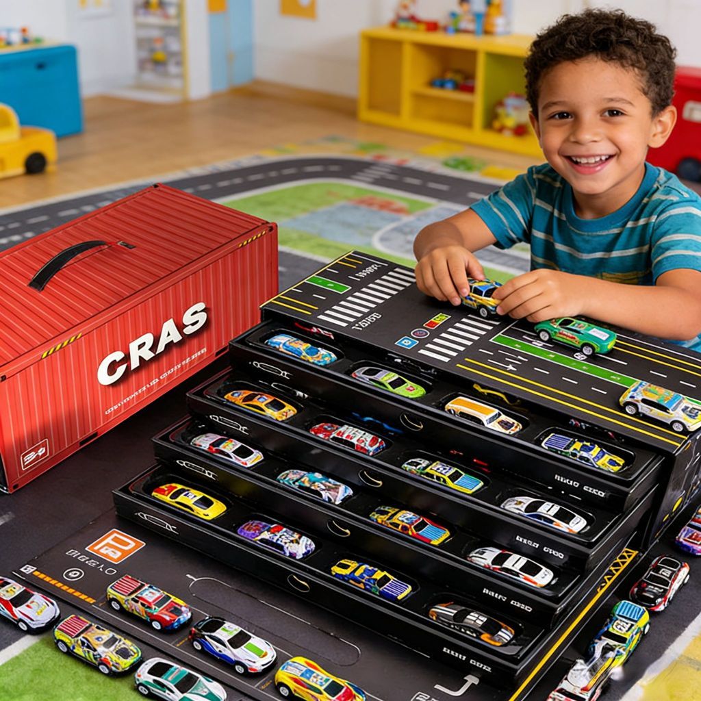 Kit 48 Carrinhos com Fricção + Caixa Container  Vira Pista Pista Informativa Brinquedo Menino Carros