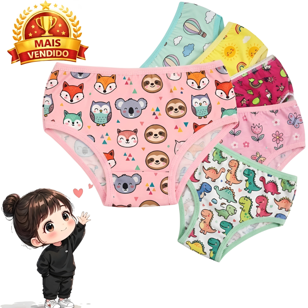 Kit 10 Calcinha Feminina Tanga Infantil Juvenil Algodão Macio Ajuste Perfeito Cores Estampas Sortida