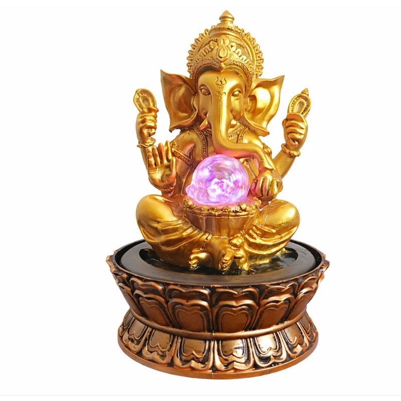 Imagem Fonte de Água Ganesha LED Bivolt 30cm Dourada | Fonte Decorativa Zen Feng Shui Relaxante Artesanal Decoração Espiritual