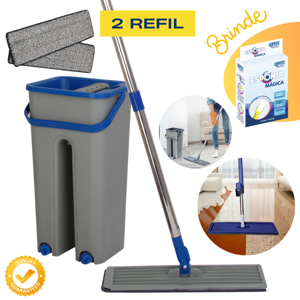 Mop esfregao flat com balde de 5 litros e refil de microfibra