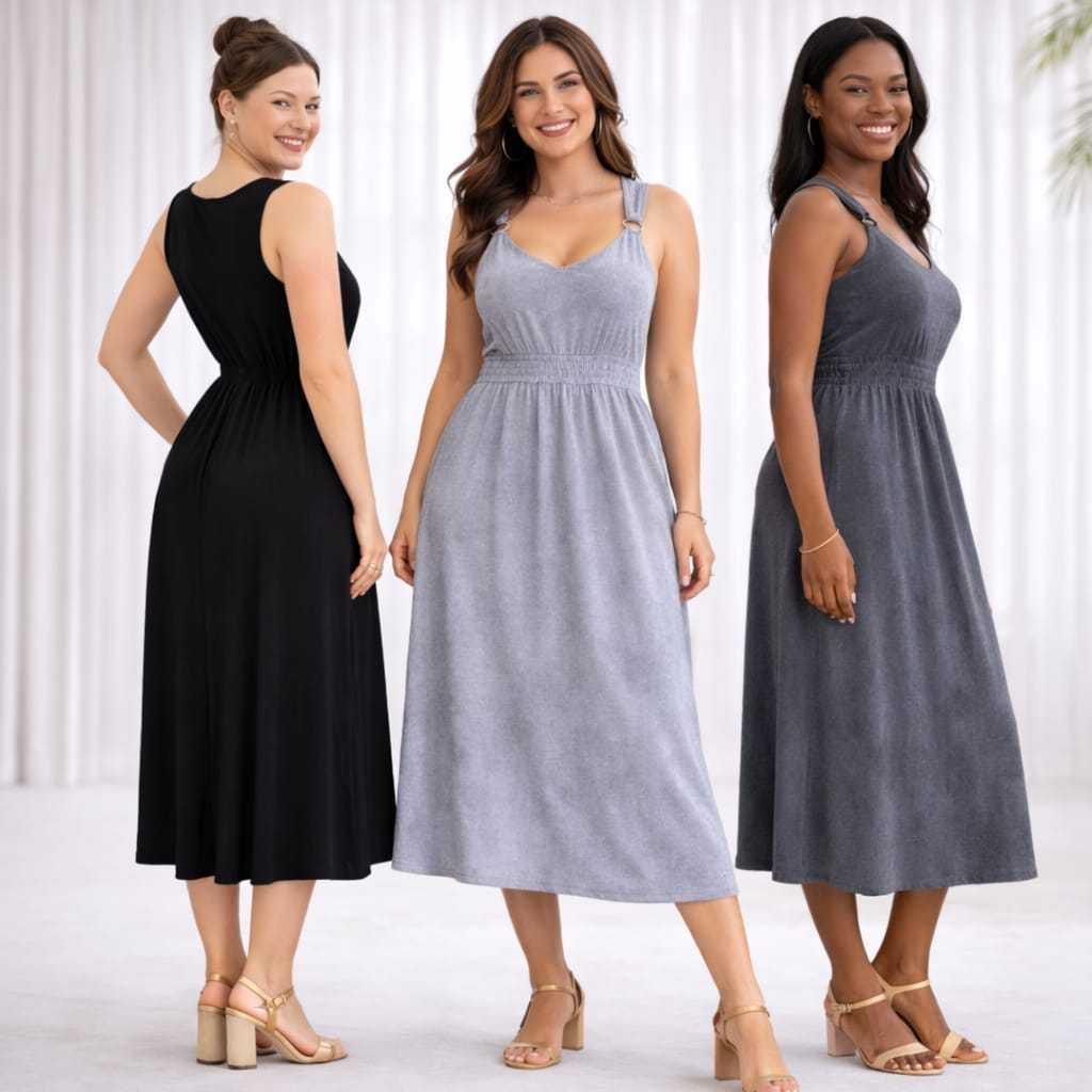 Vestido Midi Feminino Malha Leve Cintura Alta Alça Larga Casual Elegante Moda