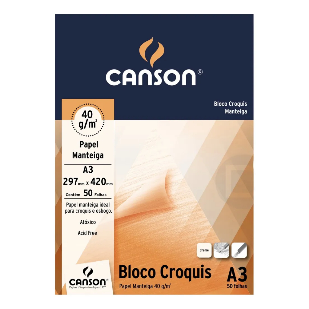 Bloco Canson universitario Manteiga Croquis A3 50 FOLHAS 40GM