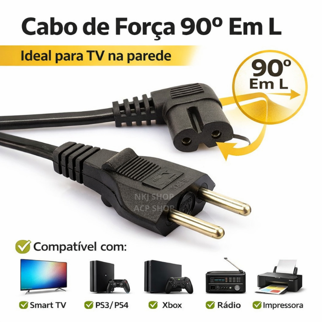 Cabo Tomada Força Bipolar Tipo 8 90° em L Para TV Impressora Rádio