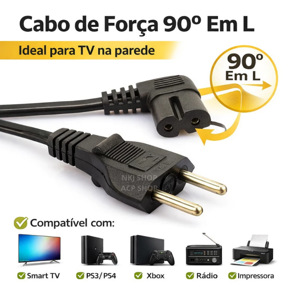Cabo Força Bipolar Tipo 8 90 Graus Em L TV Samsung LG PS4 PS5 TV Impressora Rádio