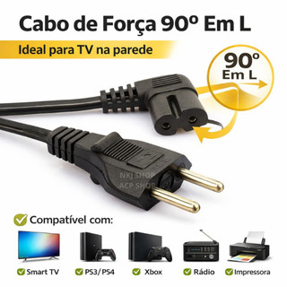 Cabo Força Bipolar Tipo 8 90 Graus Em L TV Samsung LG PS4 PS5 TV Impressora Rádio