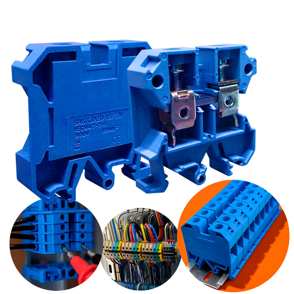Borne Sak Neutro Conector de Passagem 16mm azul SAKI Elétrico Fixação Trilho Din - 1 Unidade