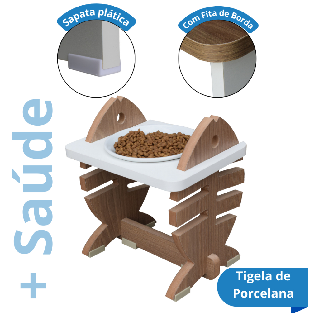 Comedouro Bebedouro Elevado Gato Cachorro Regulagem de Altura Modelo PET MDF Espinha de Peixe