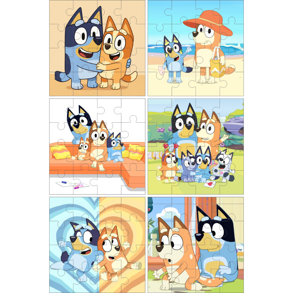 Quebra-Cabeça Infantil Bluey em Madeira – Kit com 6 Unidades 14x14 cm 16 Peças Educativo Montessori