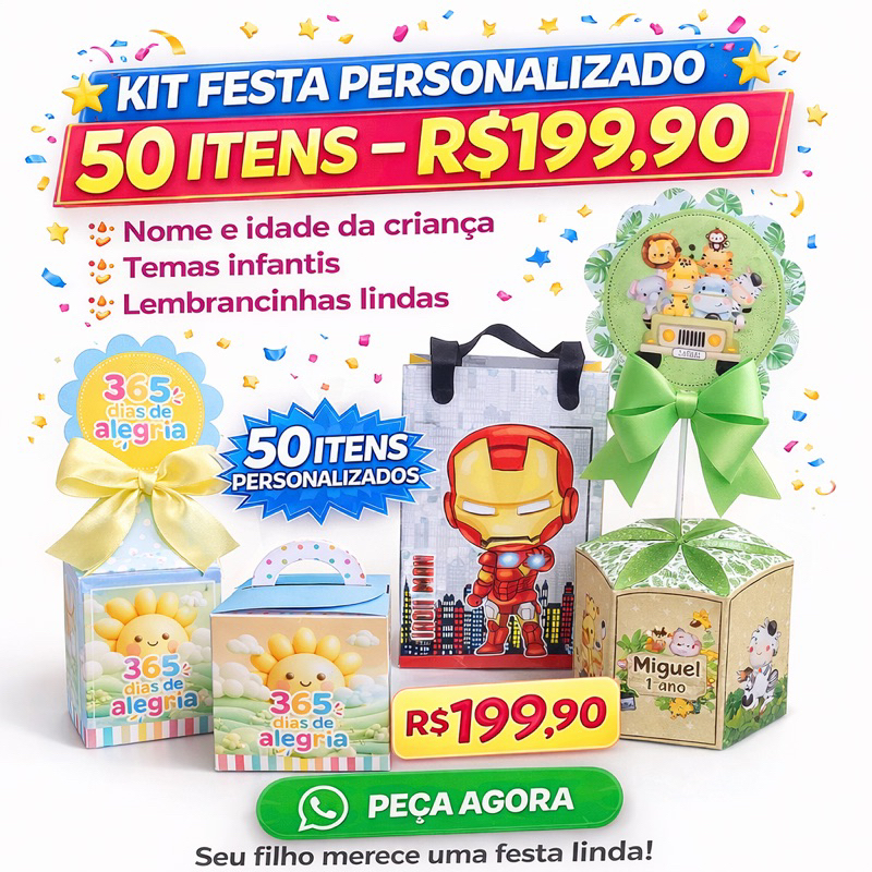 Kit Festa Personalizado 50 Itens | Lembrancinhas Infantil | Centro de Mesa + Caixinhas + Sacolinhas | Tema Personalizado
