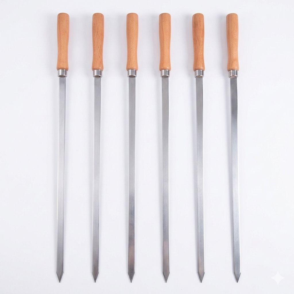 Imagem Kit 6 Espetos Para Churrasco Inox Lâmina Larga Cabo De Madeira Revestido Profissional - Resistente
