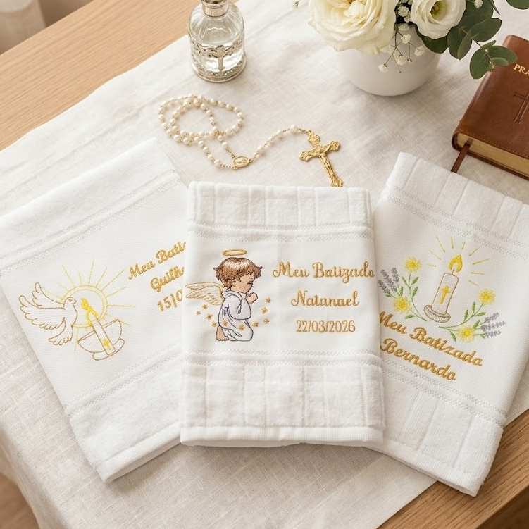 Toalha para Batizado - Bordado Personalizado em Oferta na Shopee
