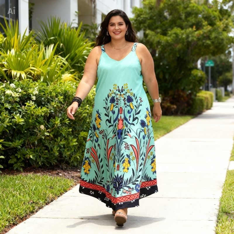 Vestido Longo Trapézio Alça Feminino Indiano com Bolso Plus Size