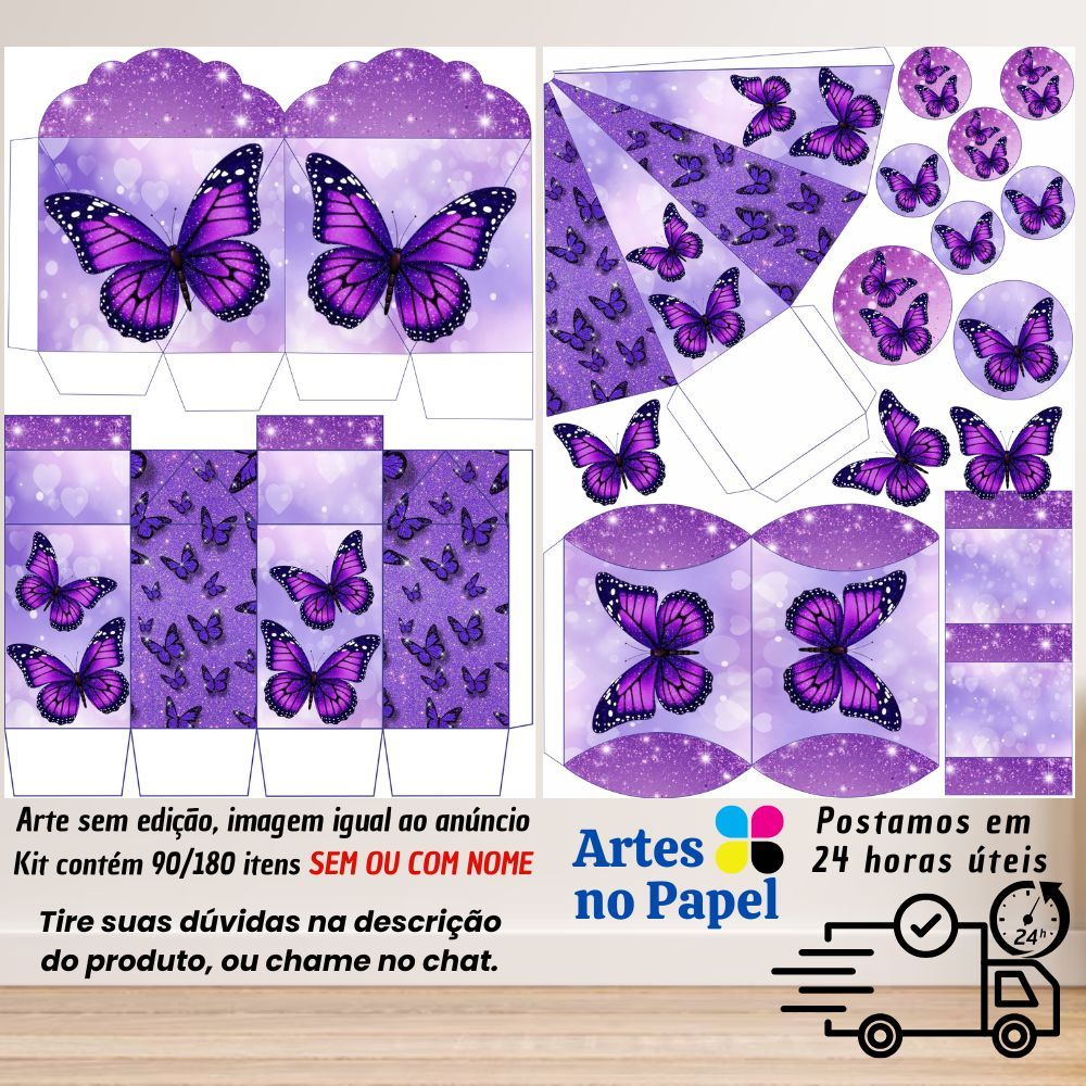 Borboleta Roxa Kit de Lembrancinhas com 180/90 Itens SEM/COM NOME