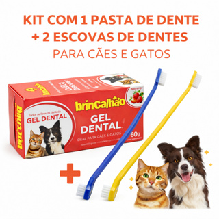 Kit 2 Escova de Dente + 1 Pasta de Dente Para Cães e Gatos Brincalhão em Oferta na Shopee