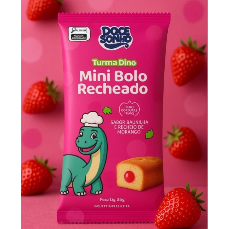 Caixa bolinhos super recheados, baunilha com morango turma Dino em Oferta na Shopee