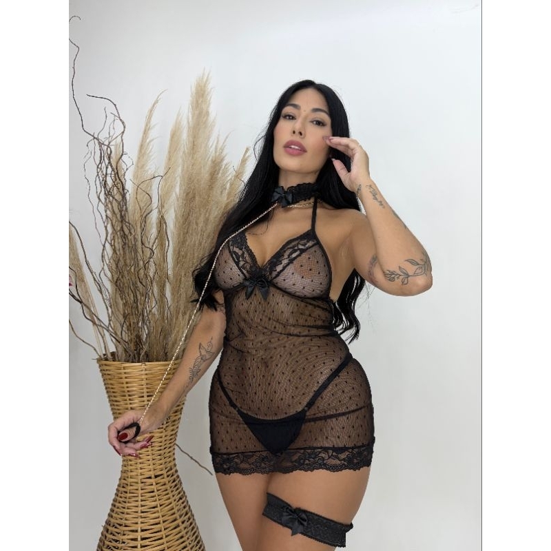 Lingerie Camisola Sexy Transparente De Tule Com Perneira e Coleira de Renda Sensual Feminina.