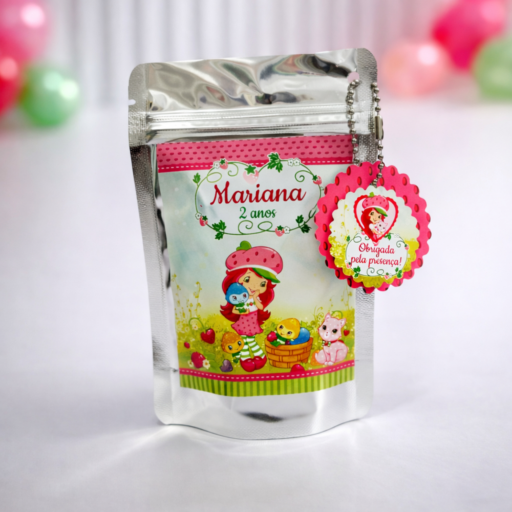 Saquinho Metalizado Moranguinho Personalizado Lembrancinha de Festa Aniversário