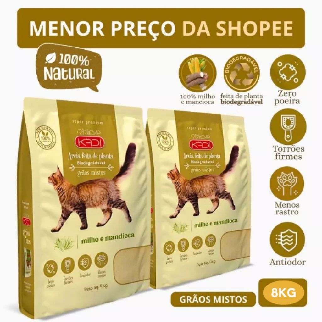 Areia Biodegradável Kadi Grãos Mistos Gatos 8 KG Grão Misto Gato Milho Mandioca (2 pacotes de 4 kg)