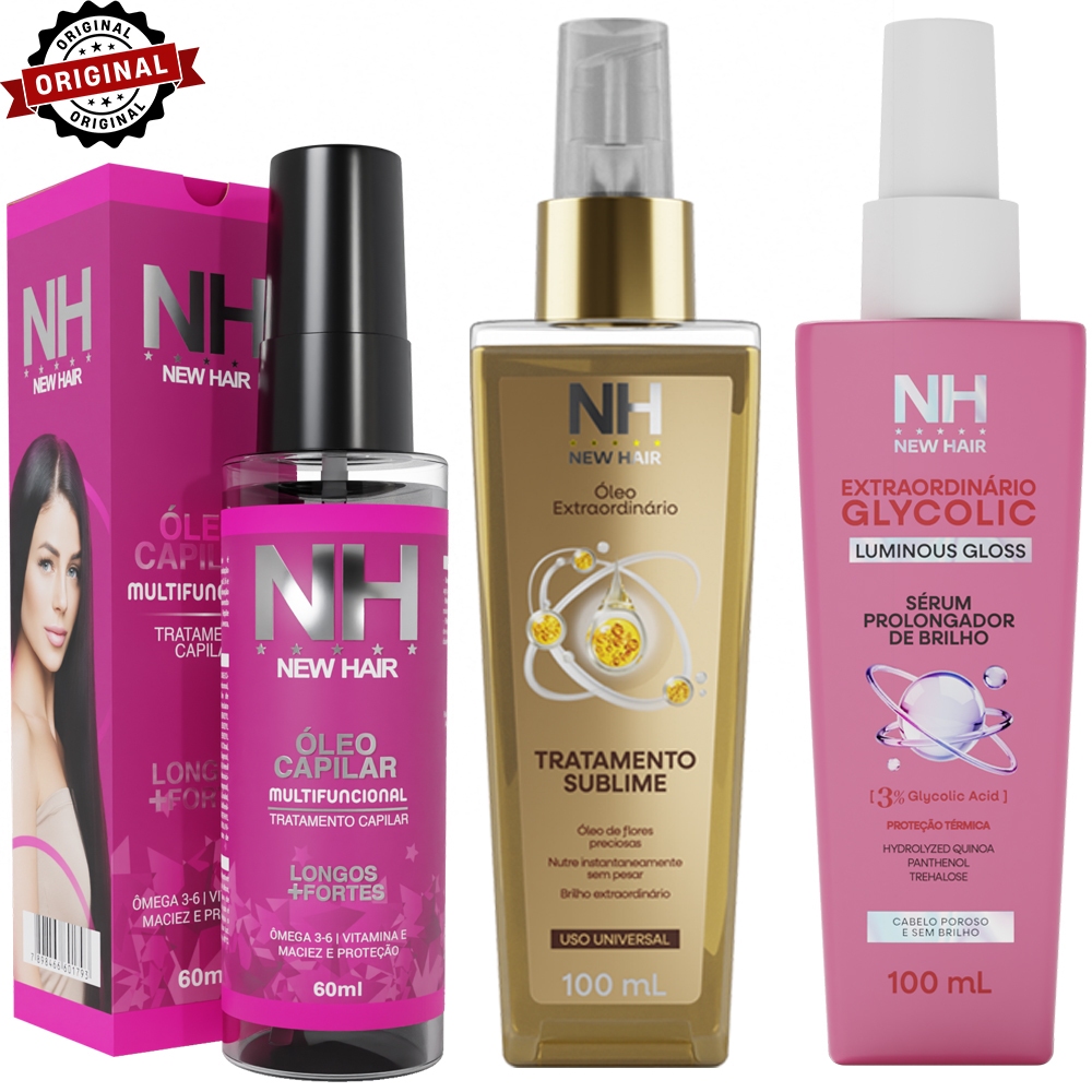 Kit 3 Óleos Para Cabelo NEW HAIR | Sérum Glycolic, Óleo multifuncional e Óleo Extraordinário