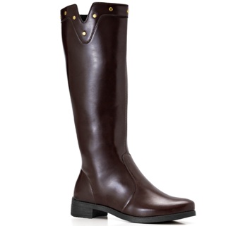 Bota Feminina Lumiss Montaria Cano Longo Salto Baixo Tachas Bico Redondo Marrom em Oferta na Shopee