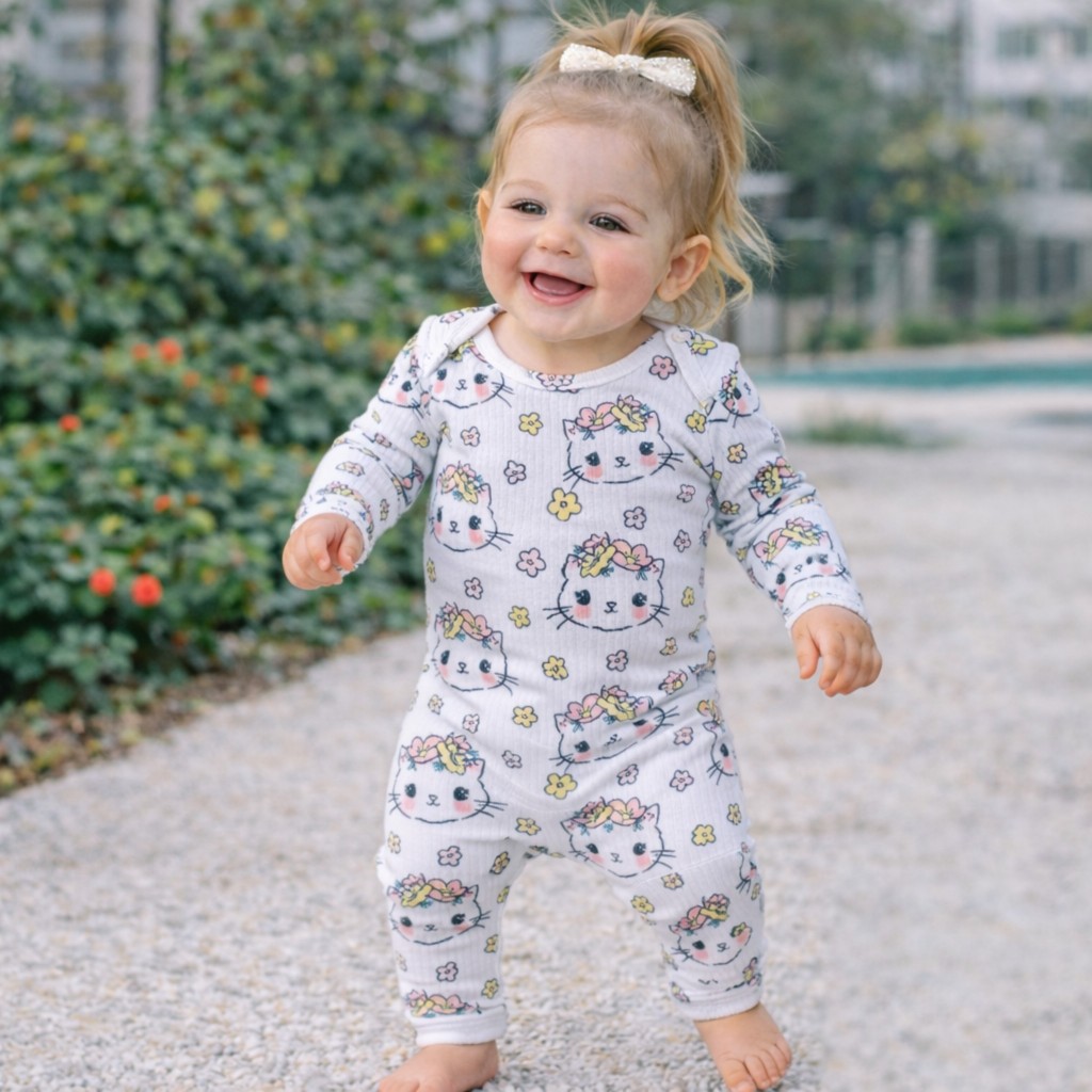 Body Bebê Longo Canelado Infantil Estampado Gatinha com Flores Menina — imagem 2 de 2