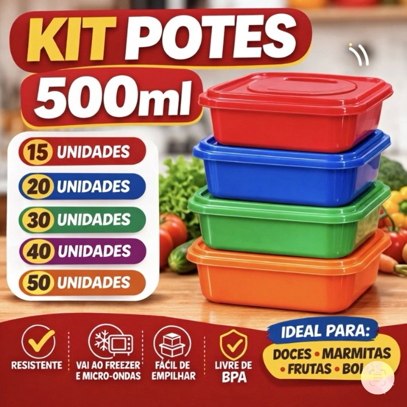 Kit 50 Potes 500ml Marmita Fitness - Vai Ao Freezer E Micro-ondas